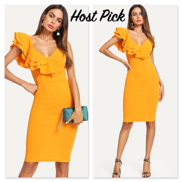 Rouge! Dresses & Skirts - Layered Flounce Trim Slit Pencil V-Neck Dress